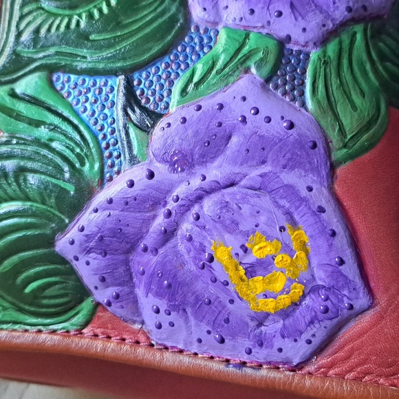 Hand Painted Floral Leather Bag Purse Vintage Zip Top Satchel - Picture 13 of 16